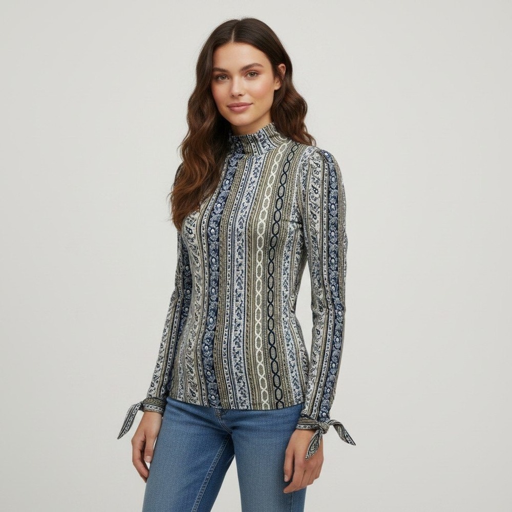 Free People Womens Blue Olive Paisley Stripe Mock Neck Tie Cuff Top Small